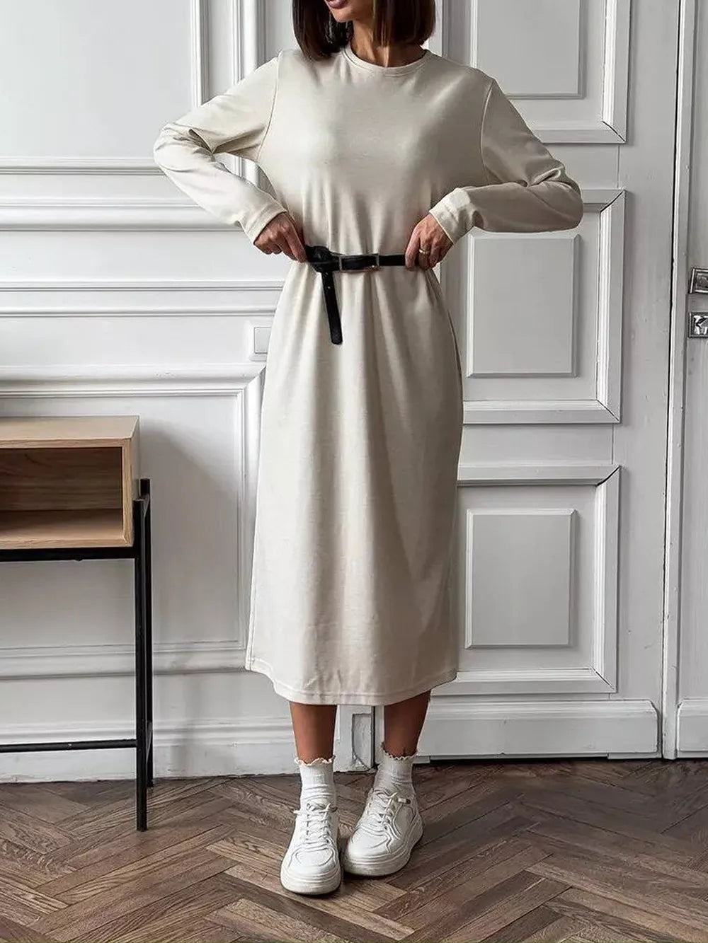 Round Neck Long-Sleeve Midi Dress - Beige