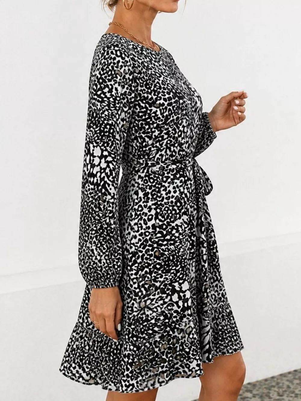 Animal Print Round Neck Mini Dress - Black