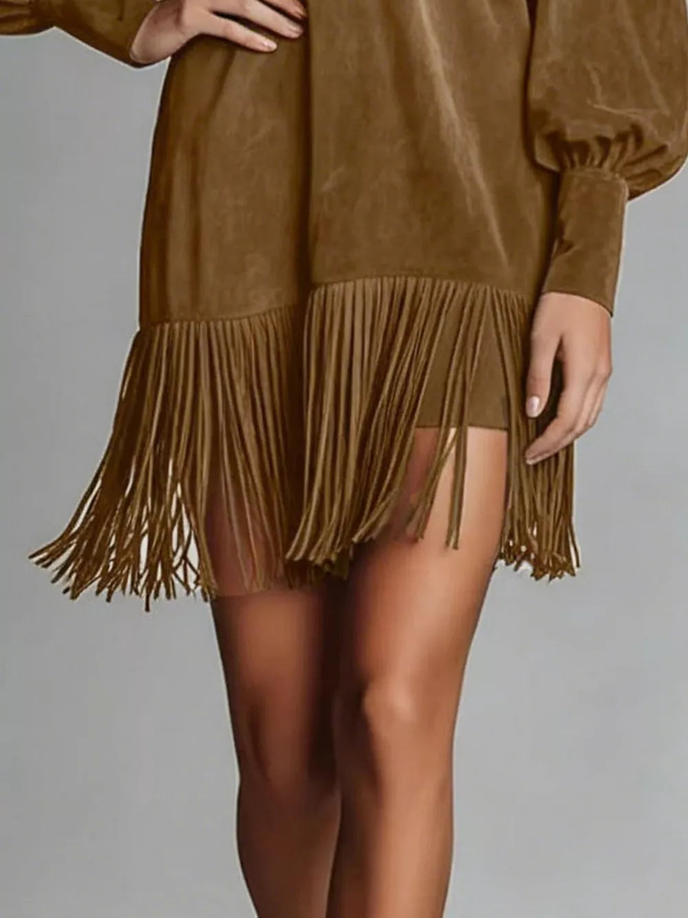 Fringed Lantern Sleeve Dress - Brown