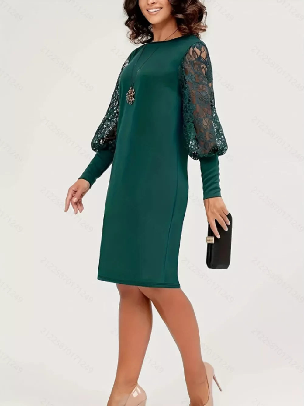 Lace Lantern Sleeve Dress - Dark Green