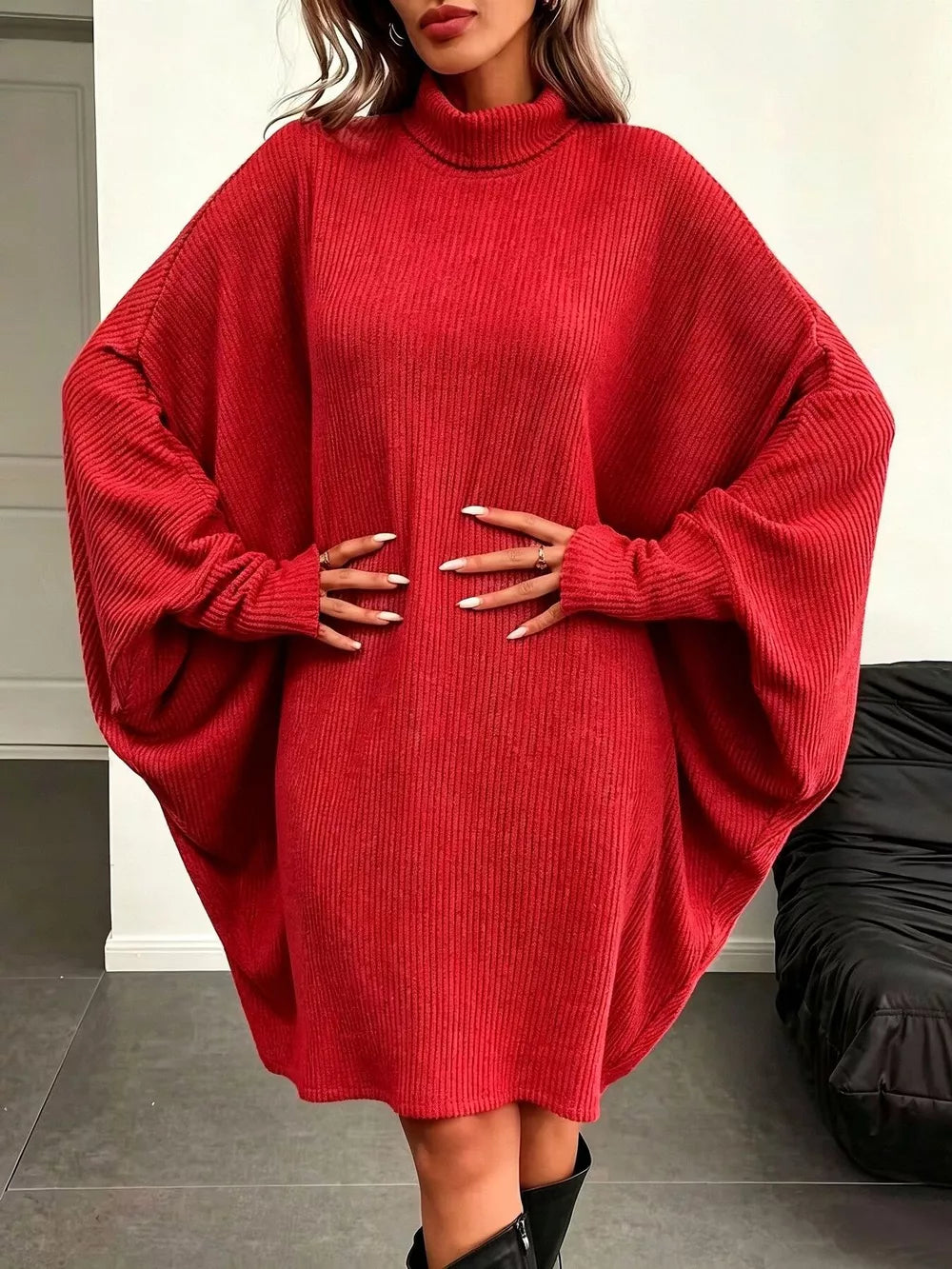 Oversized Batwing Sleeve Ribbed Knit Turtleneck Dress - Black