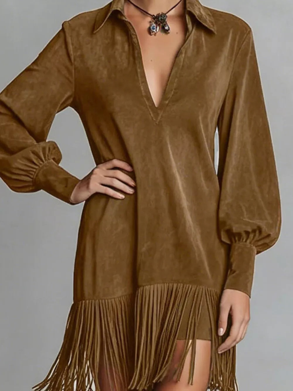 Fringed Lantern Sleeve Dress - Coffee Brown