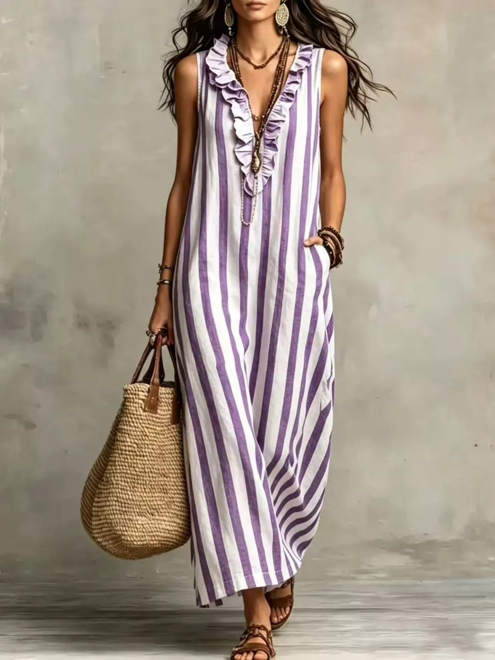 Full Size Sleeveless Striped Ruffle V-Neck Maxi Dress Plus Size - Blue
