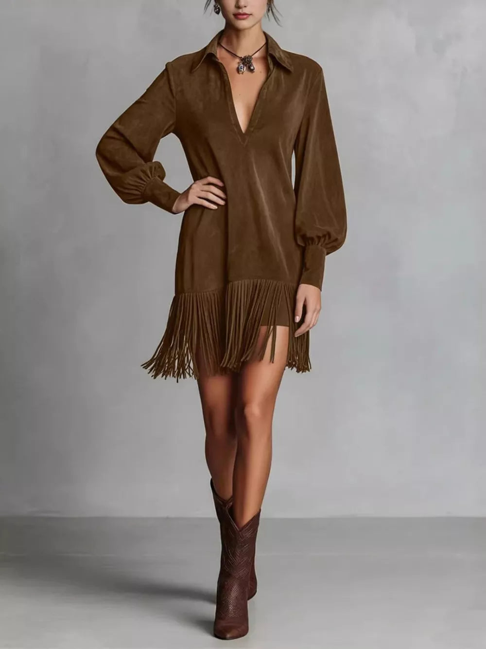 Fringed Lantern Sleeve Dress - Coffee Brown