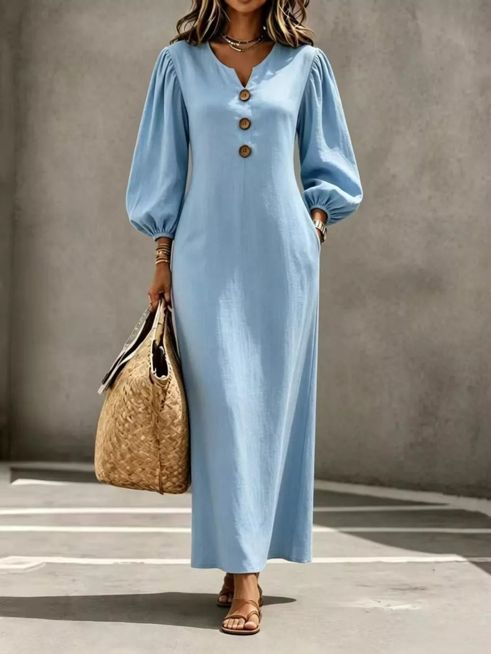 Decorative Button Balloon Sleeve Maxi Dress - Navy