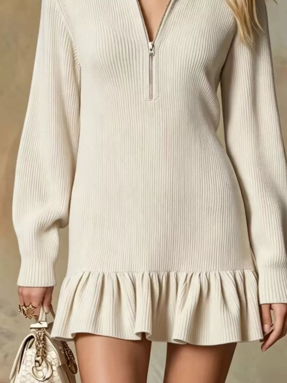 Ruffle Hem Half Zip Dress - Beige