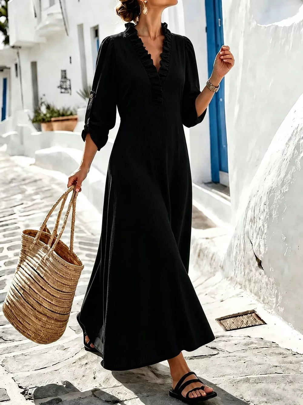 Full Size V-Neck Maxi Dress with Roll-Up Sleeves Plus Size - Green