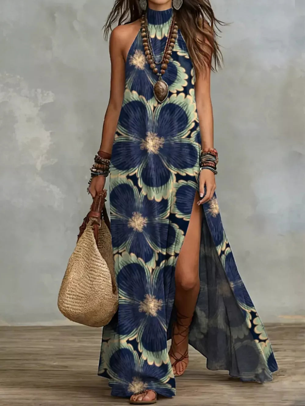 Slit Printed Sleeveless Maxi Dress - Dusty Blue