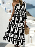 One-Shoulder Geometric Print Maxi Dress with Waist Tie - Black