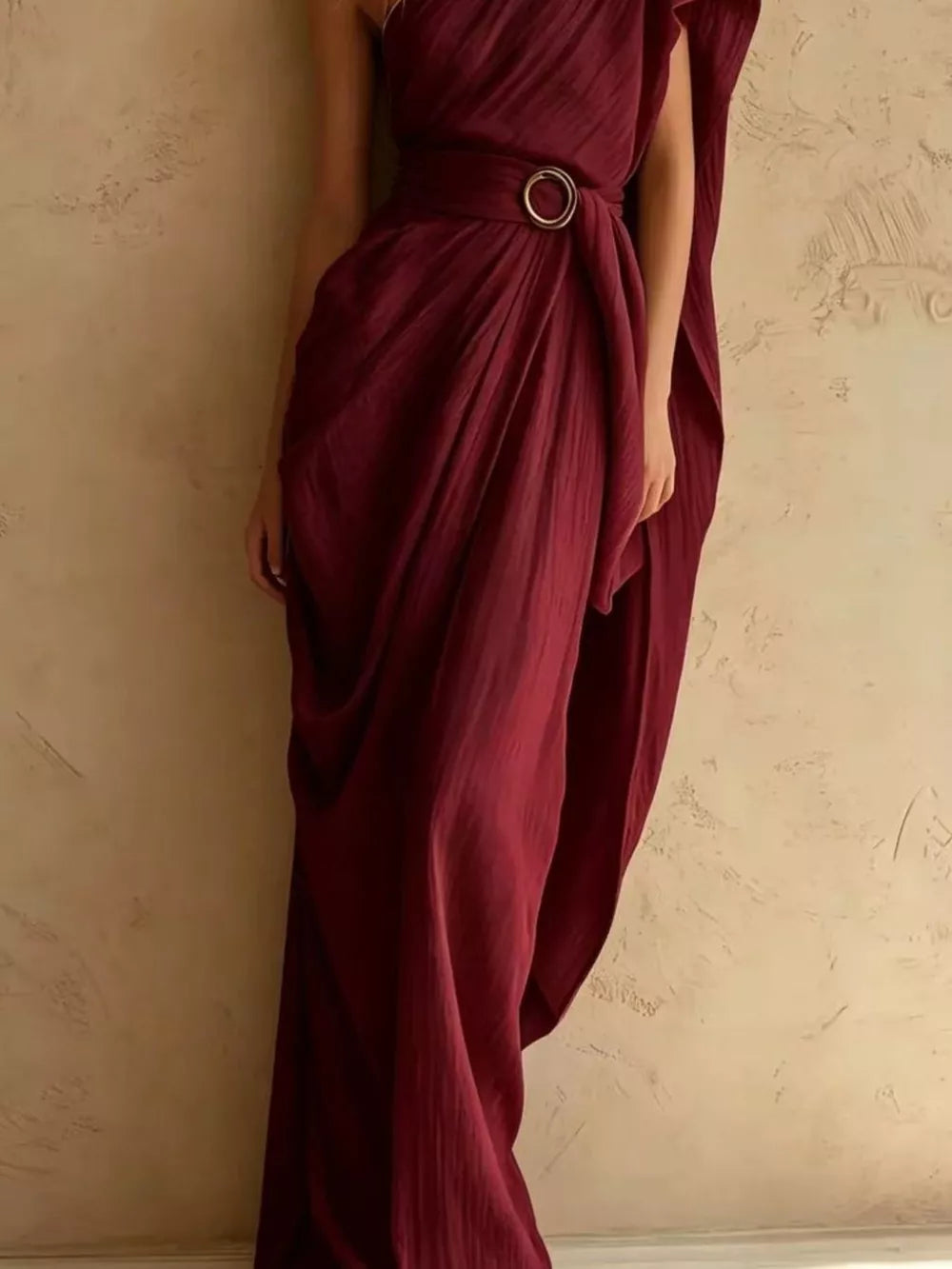 One-Shoulder Draped Maxi Dress with Waist Buckle - Army Green