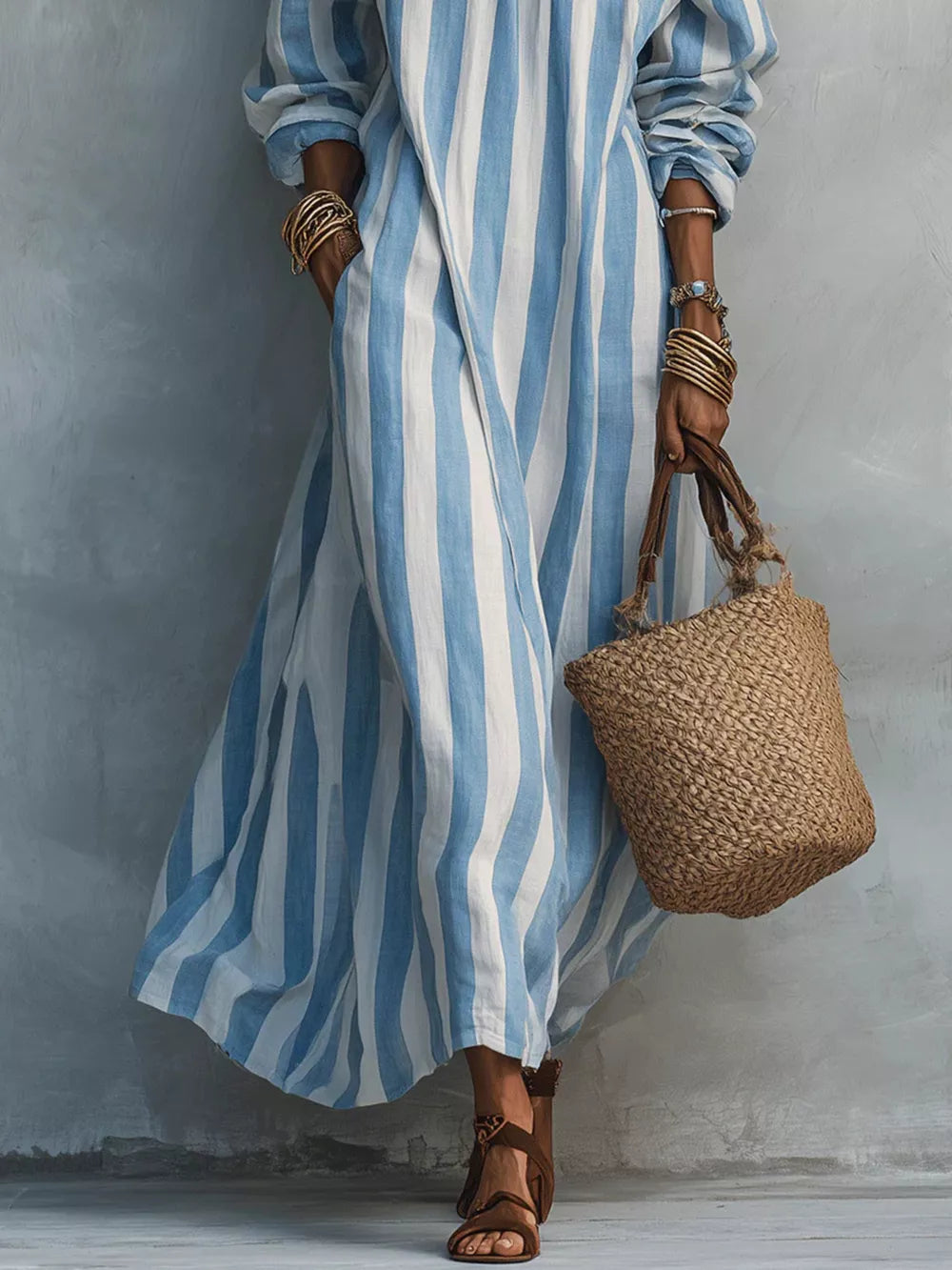 Off-Shoulder Striped Maxi Dress - Light Blue