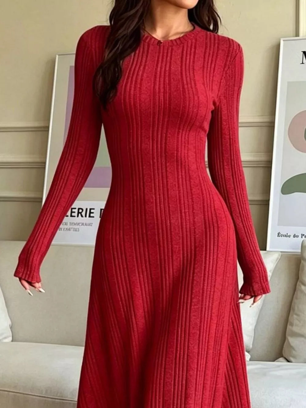 Long Sleeve Ribbed Knit Dress - White