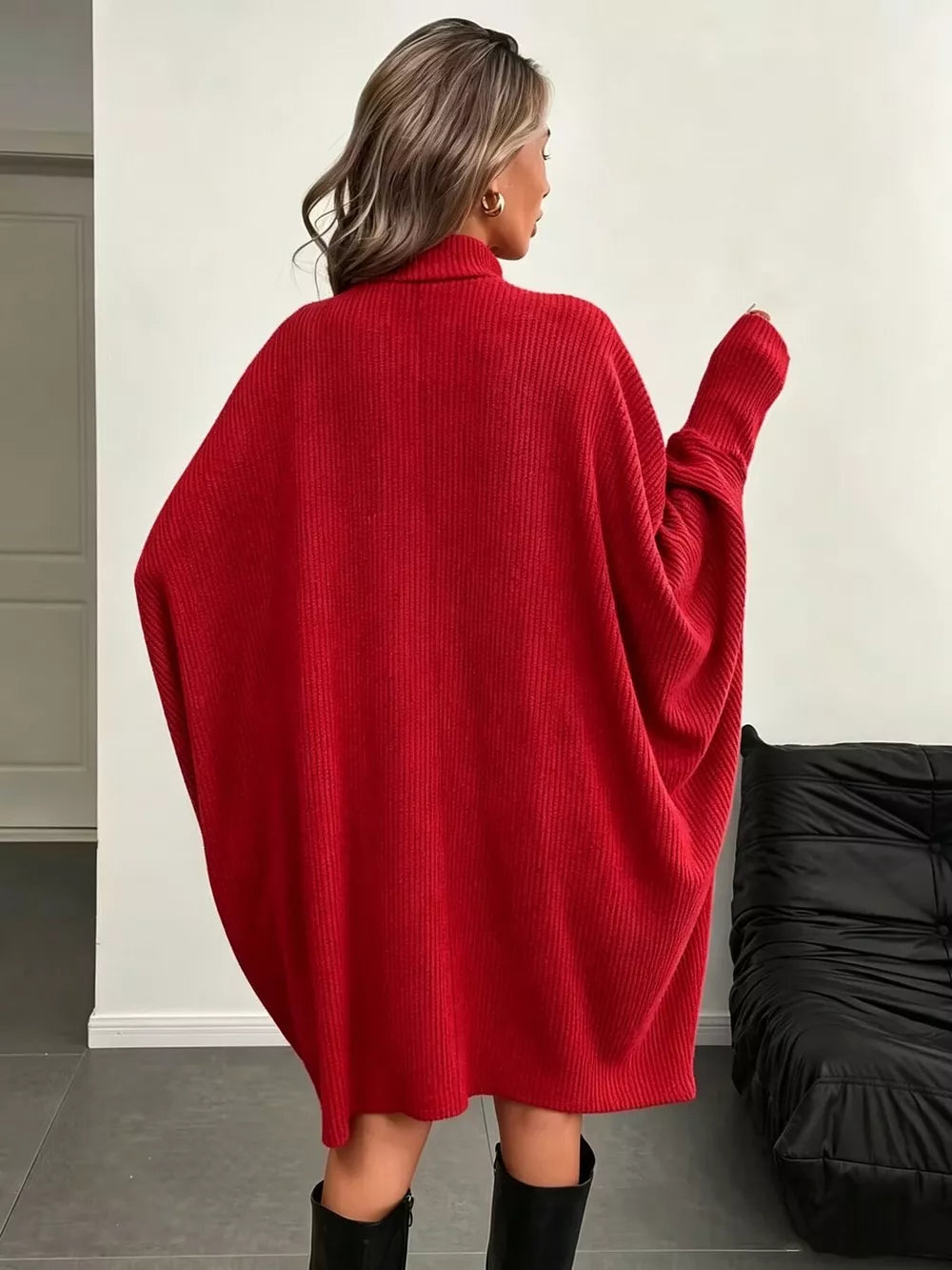 Oversized Batwing Sleeve Ribbed Knit Turtleneck Dress - White