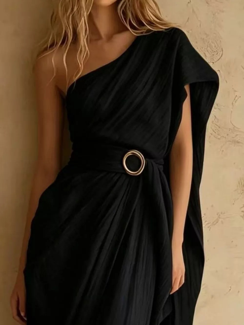 One-Shoulder Draped Maxi Dress with Waist Buckle - Army Green