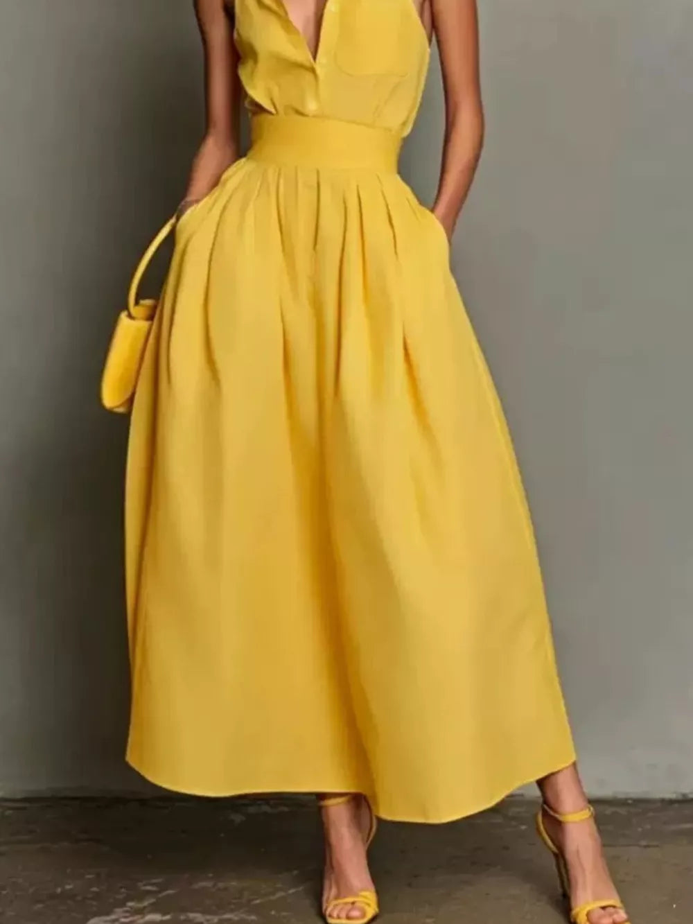 Sleeveless Collared A-Line Midi Dress - Yellow