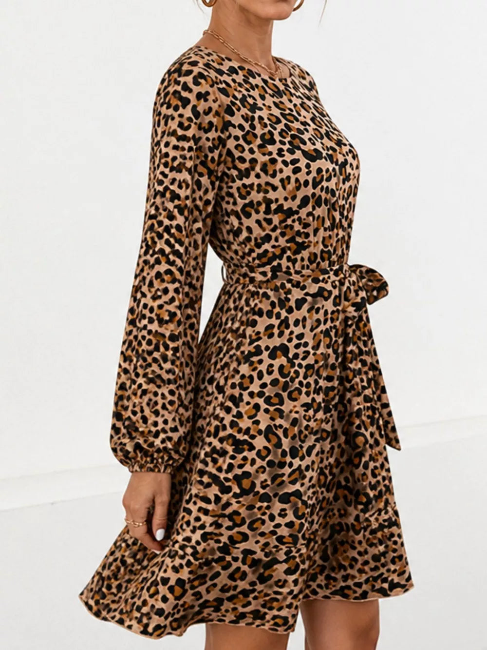 Animal Print Round Neck Mini Dress - Yellow