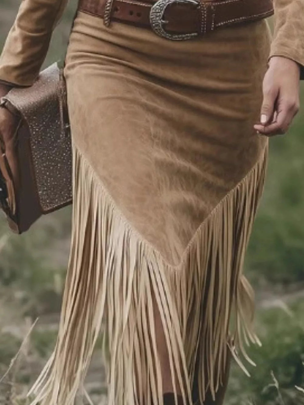 Fringed Zip-Front Bodycon Dress - Camel