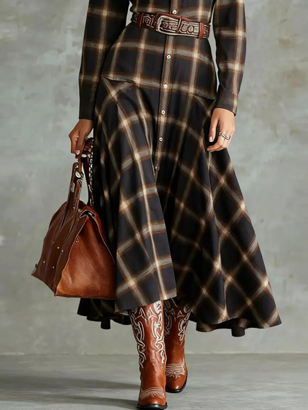 Plaid Button-Down Shirt Dress - Dark Brown