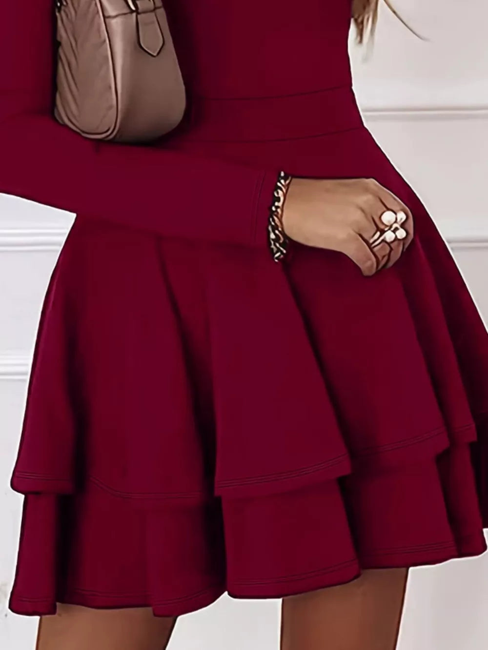 V-Neck Long Sleeve Layered Ruffle Mini Dress - Burgundy