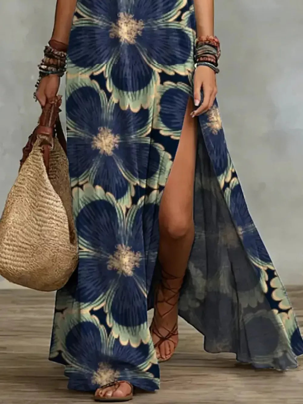 Slit Printed Sleeveless Maxi Dress - Dusty Blue