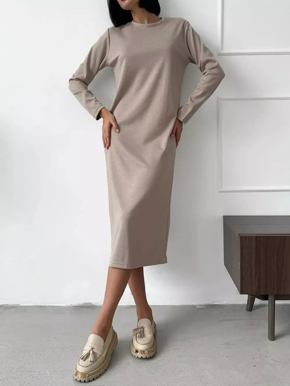 Round Neck Long-Sleeve Midi Dress - Dust Storm