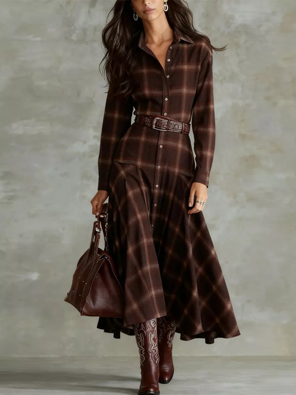 Plaid Button-Down Shirt Dress - Dark Brown