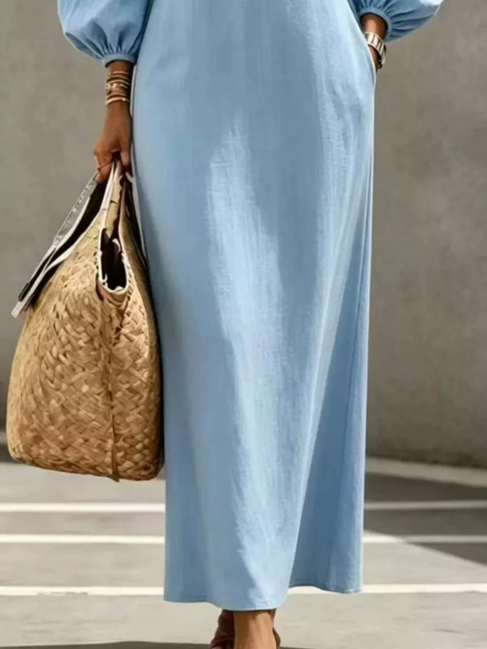Decorative Button Balloon Sleeve Maxi Dress - Navy