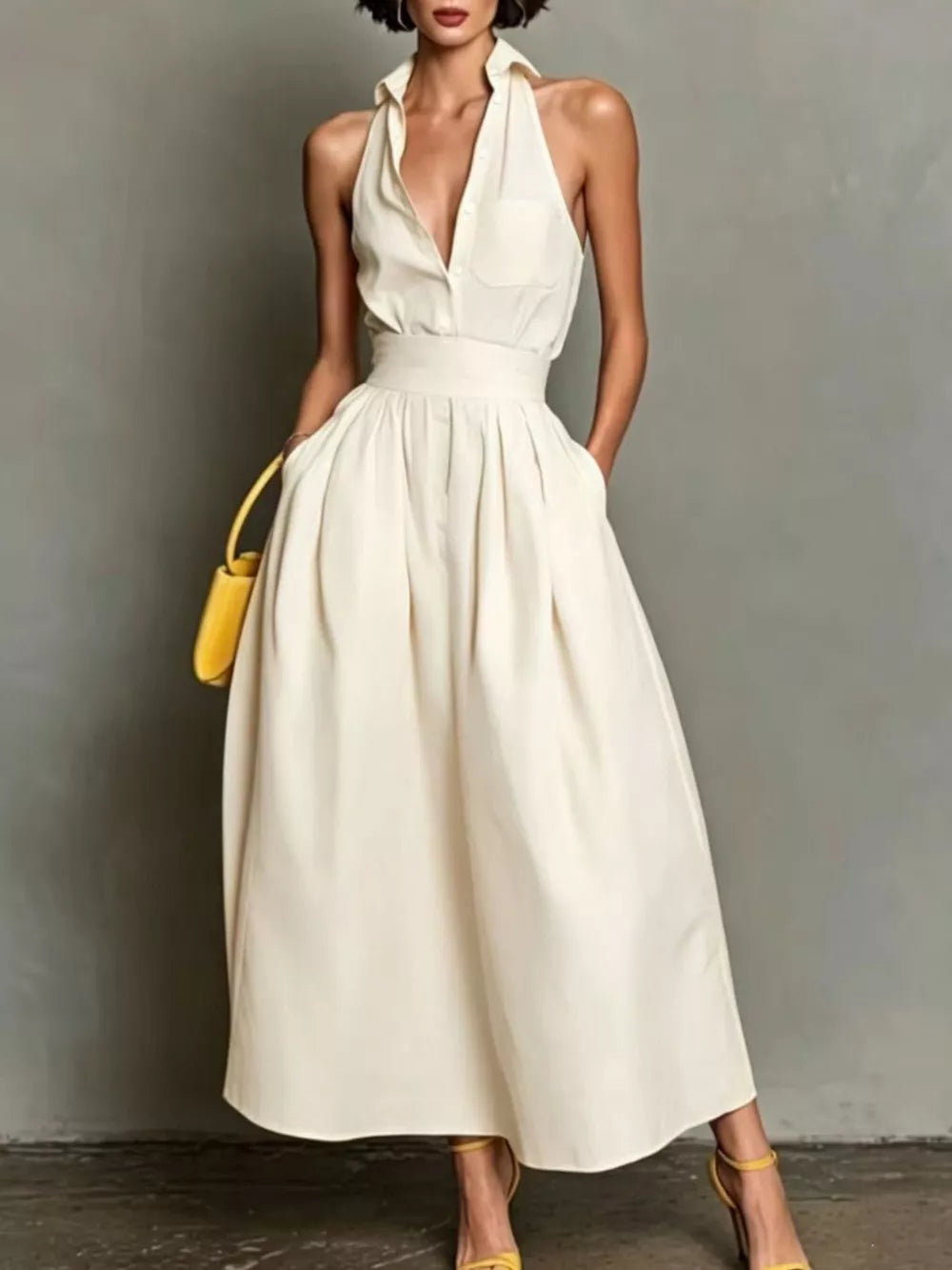 Sleeveless Collared A-Line Midi Dress - White