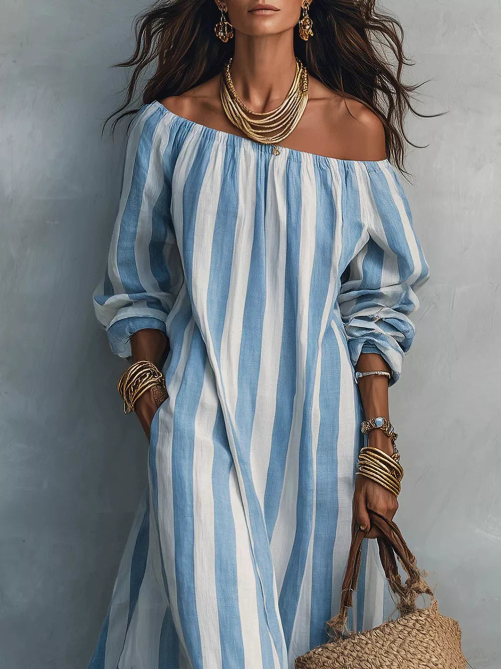 Off-Shoulder Striped Maxi Dress - Light Blue