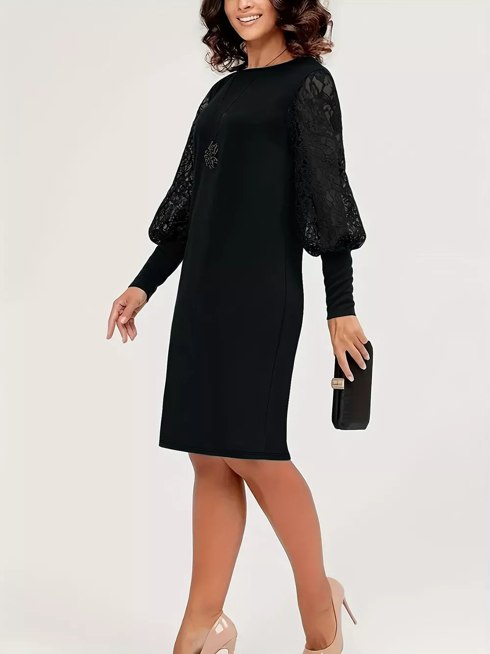 Lace Lantern Sleeve Dress - Black