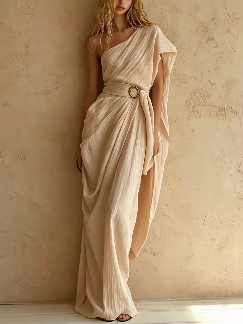 One-Shoulder Draped Maxi Dress with Waist Buckle - Tan