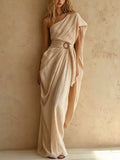 One-Shoulder Draped Maxi Dress with Waist Buckle - Tan