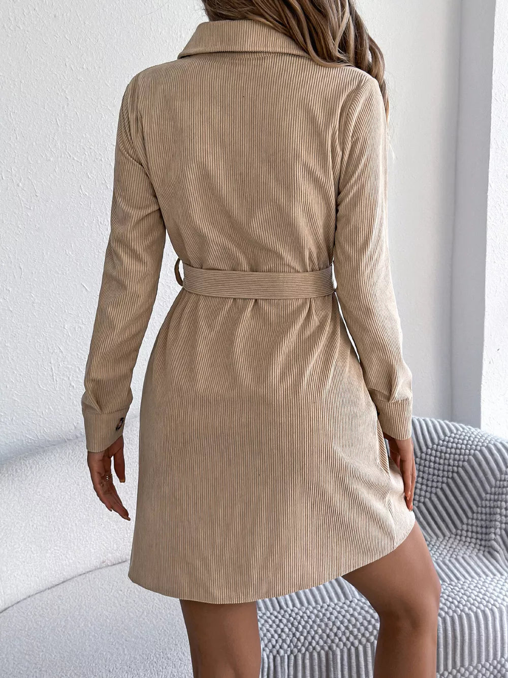 Corduroy Button-Down Shirt Dress - Khaki