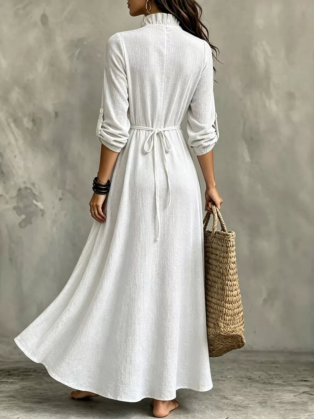 Full Size V-Neck Maxi Dress with Roll-Up Sleeves Plus Size - Black