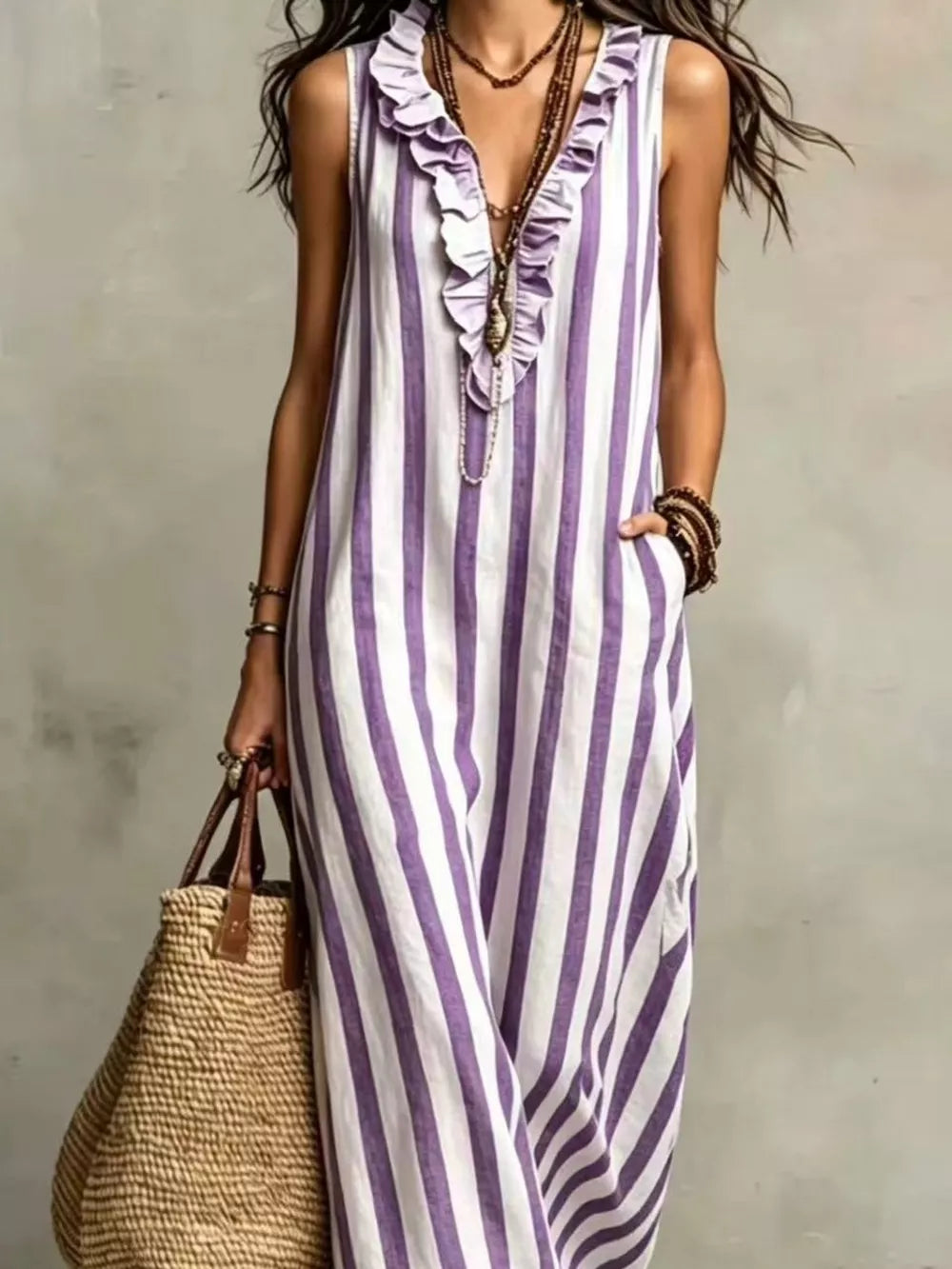 Full Size Sleeveless Striped Ruffle V-Neck Maxi Dress Plus Size - Blue
