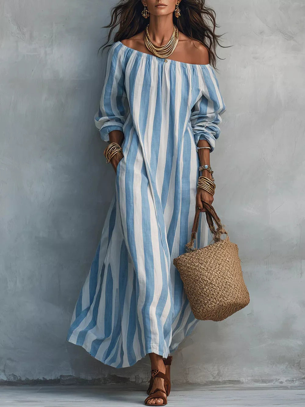Off-Shoulder Striped Maxi Dress - Light Blue