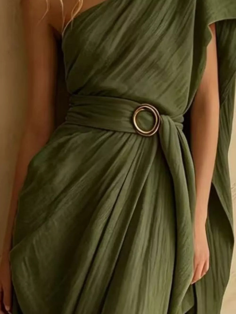 One-Shoulder Draped Maxi Dress with Waist Buckle - Tan