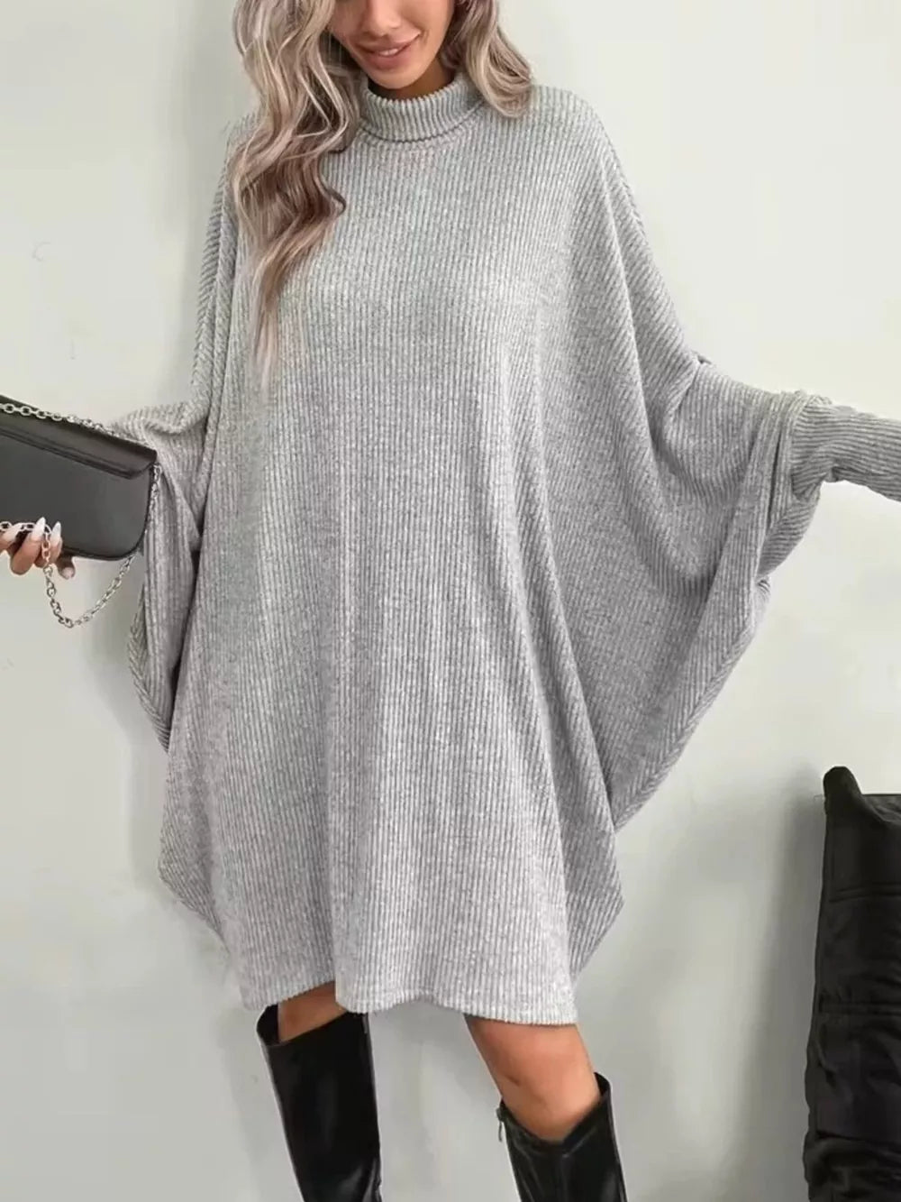 Oversized Batwing Sleeve Ribbed Knit Turtleneck Dress - Gray