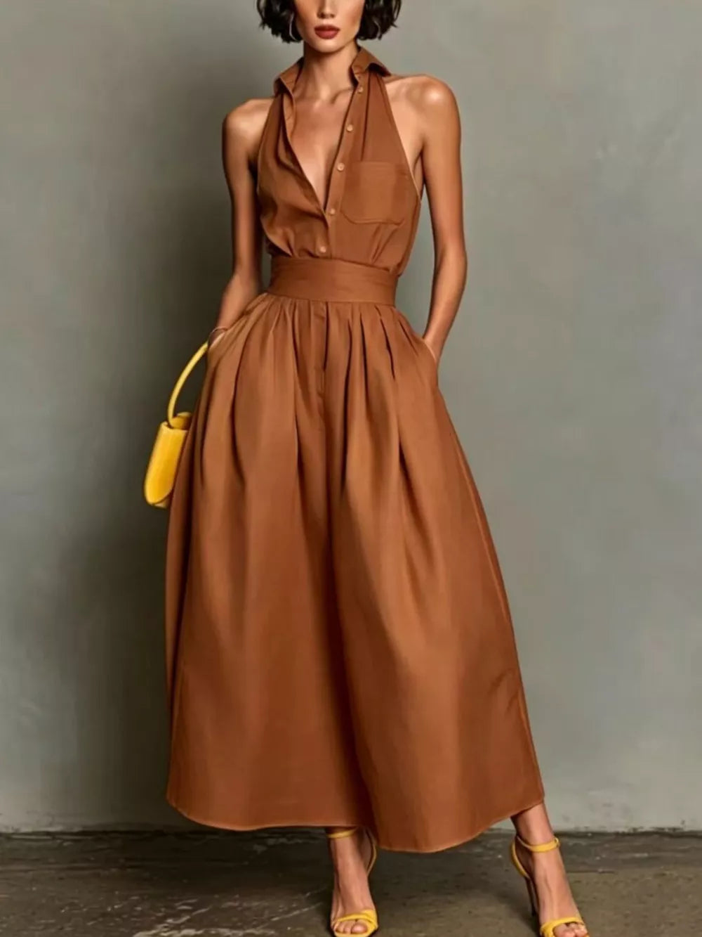 Sleeveless Collared A-Line Midi Dress - Dusty Pink
